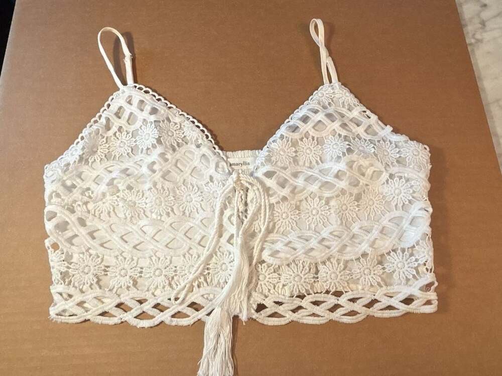 Amaryllis White Crochet Lace Bralette Crop Top with Tassels Size M